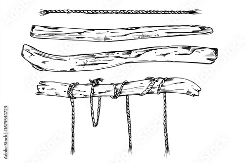 Dried wooden sticks, rope monochrome vector illustration clip art painted by black inks. Decorative old tree branch elements etching drawing for nautical decor, craft projects, Christmas design