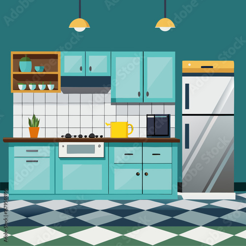 Modern teal kitchen interior design with refrigerator and cabinetry vector illustration