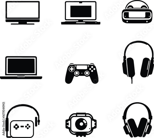 A collection of gaming and technology icons including monitors laptops headsets and a game controller