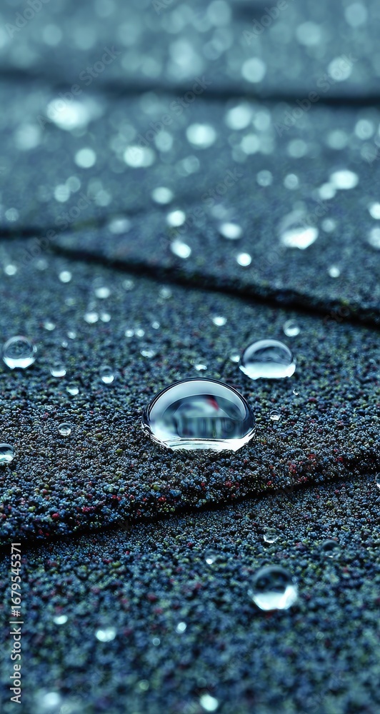 Fototapeta premium Close-up of water droplets on textured dark surface. Reflecting a miniature scene