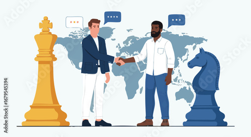 Two businessmen shake hands in front of a chessboard and world map, representing collaboration and strategy.