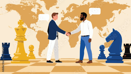 Two businessmen shake hands over a chessboard, representing global partnership and strategic alliances.