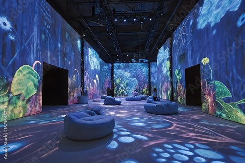 Immersive digital art gallery with colorful projections