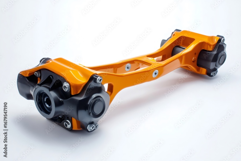 Fototapeta premium Studio shot of a custom motorcycle swingarm with orange and black finish, showcasing its unique design and precision engineering