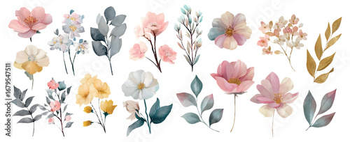 Large set of watercolor floral elements. Watercolor flowers with branches of plants. Botanical elements of flowers and greenery. Floral elements for romantic designs.