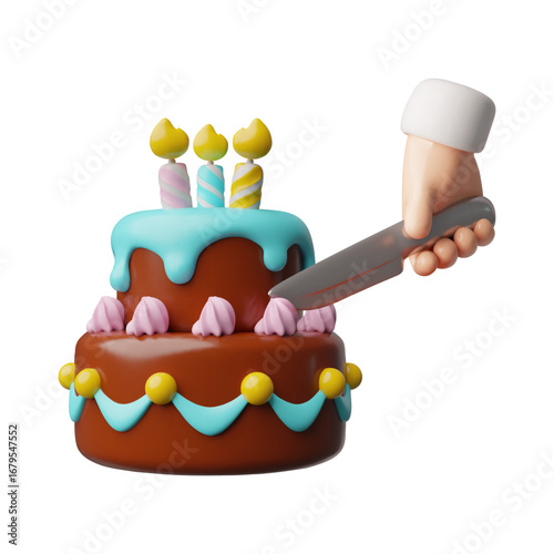 Hand cuts birthday cake two tier with burning candles 3D plastic style vector icon, celebration chocolate creamy dessert