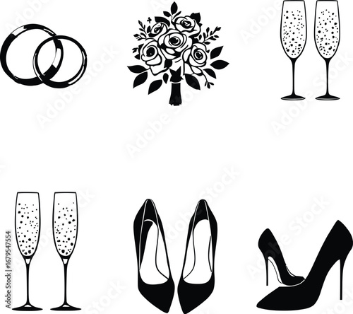 A collection of wedding themed icons including rings, a bouquet, champagne flutes and high heels shoes