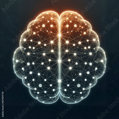 Glowing futuristic brain illustration with digital connections on dark background for science visualization, innovation, and modern research graphics