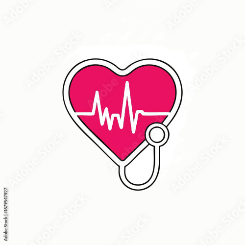 Minimalist Vector Heart with Stethoscope Medical Icon in Bright Pink and White Style
