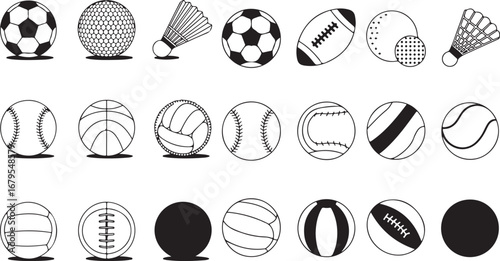 Assorted Sports Balls Outline Vector Set Diverse Sporting Equipment Icons Collection Black and White