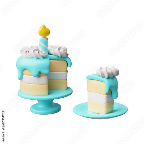 Birthday cake with burning candle on a stand and piece on a plate 3D plastic style, vector celebration creamy dessert