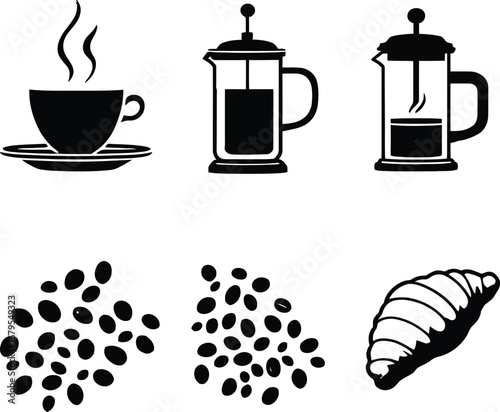 Black and white illustration of coffee cup coffee press beans and croissant on a white background