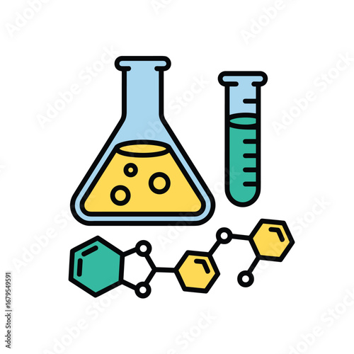 Chemistry Lab Icon Set – Vector Illustration of Flask, Test Tube, and Molecular Structure for Science and Education