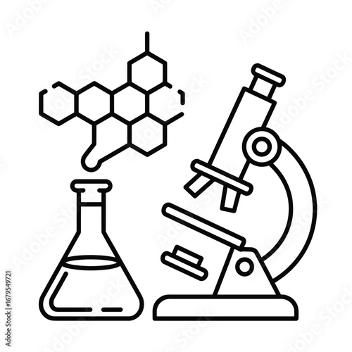 Chemistry Lab Icon Set – Vector Illustration of Flask, Test Tube, and Molecular Structure for Science and Education