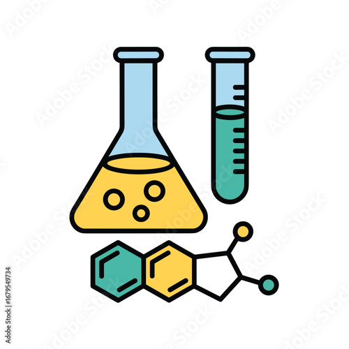 Chemistry Lab Icon Set – Vector Illustration of Flask, Test Tube, and Molecular Structure for Science and Education