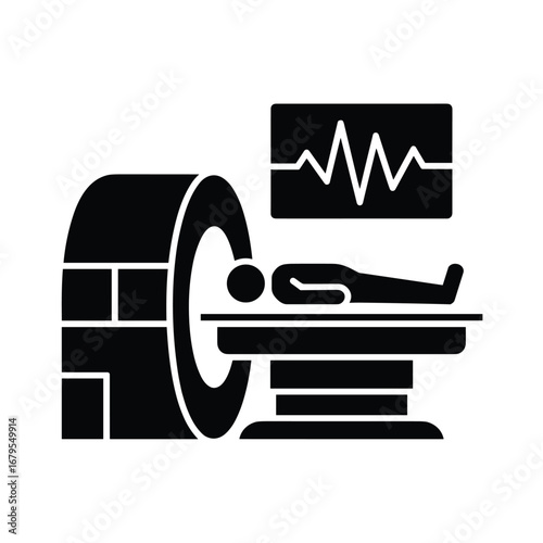 MRI Scan Icon – Patient in Magnetic Imaging Machine with Vital Sign Monitor in Silhouette Style