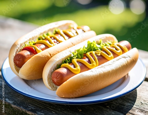 Two delicious hot dogs with mustard ketchup and lettuce on buns served outdoors on a plate
