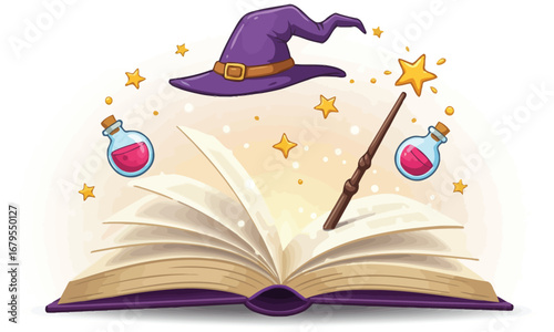 An enchanting open magic book with a feather and a glowing magic wand, symbolizing the power of learning and knowledge