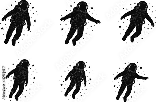 Silhouette Vector Set of Floating Astronauts in Space with Stars Background, Perfect for Science, Space Travel, and Exploration Themes
