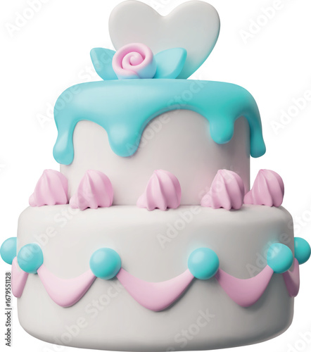 Wedding cake two tier 3D cartoon plastic style vector icon, celebration pie creamy dessert decorated heart and rose