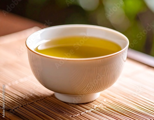 A close up of a light green tea in a white textured bowl on a bamboo mat