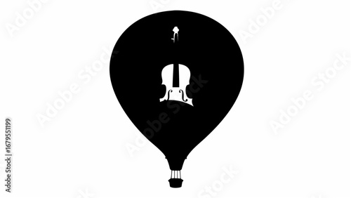 Black hot air balloon silhouette with a violin shape inside and a small person on top view