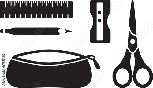 School Supplies Vector Illustration Stationery Ruler Pencil Sharpener Pencil Case