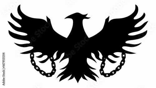 Black silhouette of a bird with spread wings and chains hanging from its claws on a white background