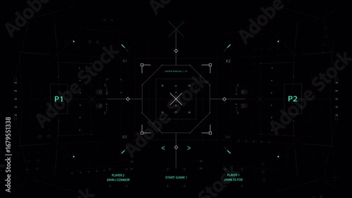 Futuristic Sci-Fi Heads-Up Display with Animated Targeting Reticle and Data Grid