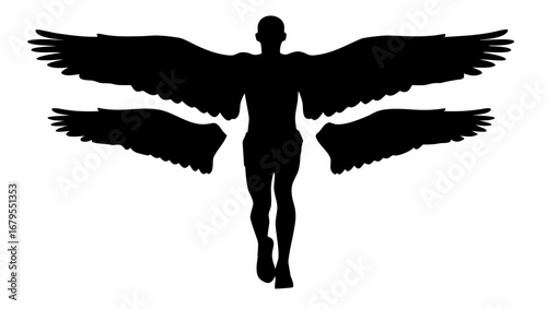 Silhouette of a person with four wings spread out against a white background in a stark contrast image