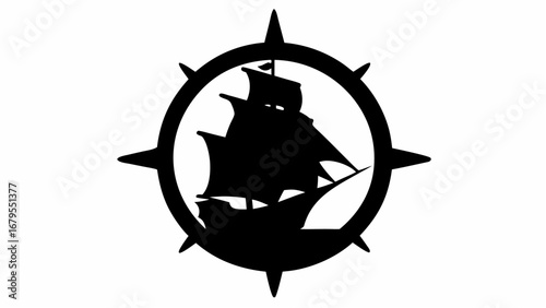 Silhouette of a sailing ship inside an oval compass rose with pointed cardinal directions and sails shown