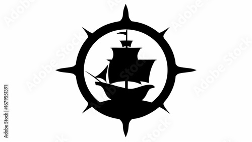 Silhouette of a sailing ship inside an oval frame with pointed extensions resembling a compass rose design