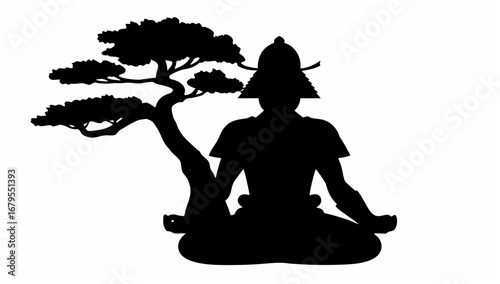 Silhouette of a person meditating under a bonsai tree wearing a traditional asian conical hat design