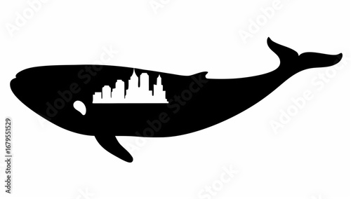 Silhouette of a whale containing a city skyline illustration in black and white design concept art