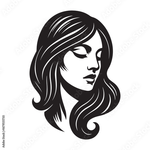 Black and white graphic illustration of a woman's profile with flowing hair