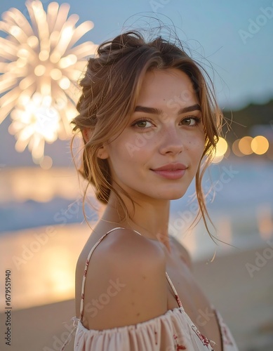 A captivating portrait of a young woman, bathed in soft evening light and the glow of fireworks, exuding a serene and natural beauty.
