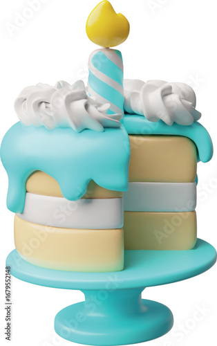 Birthday cake with burning candle on a stand 3D cartoon plastic style, vector celebration creamy dessert, confectionery