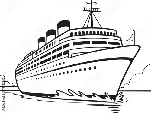 Black and white illustration of a large cruise ship sailing on water