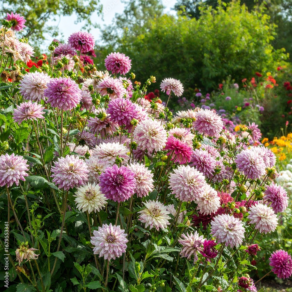 Obraz premium Colorful dahlia blooms in a garden bed