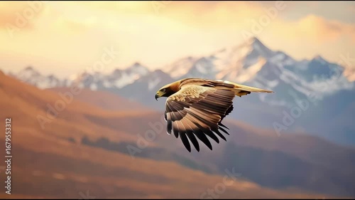 A majestic eagle soars over a sunlit mountain landscape at sunset.