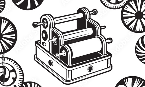 Vintage Industrial Roller Press: A Hand-Drawn Illustration of a Retro Manufacturing Machine or Printmaking Device