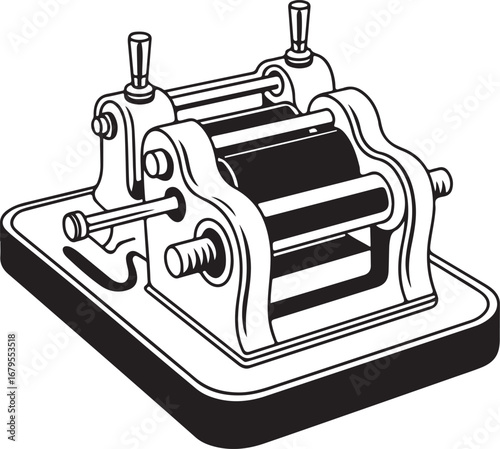 Vintage Industrial Roller Press: A Hand-Drawn Illustration of a Retro Manufacturing Machine or Printmaking Device