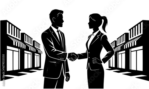 Franchise Business Expansion Silhouette Vector Illustration – Entrepreneur Partnership and Small Business Growth Concept