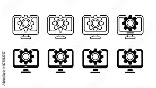 Vector art of computer screen with gear icons set, symbolizing system settings, technological processes, and configuration options