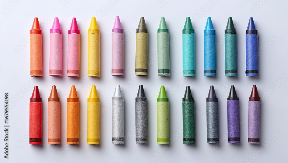 Fototapeta premium Colorful crayons in rows on a white background