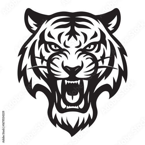Black and white roaring tiger head tribal graphic vector