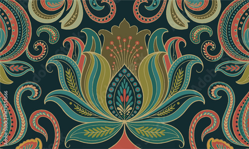  An Intricate and Colorful Paisley Pattern: A Richly Detailed Textile Design with Stylized Flowers and Traditional Elements