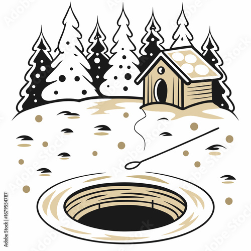 Ice fishing hole with wooden cabin and snowy trees in winter  