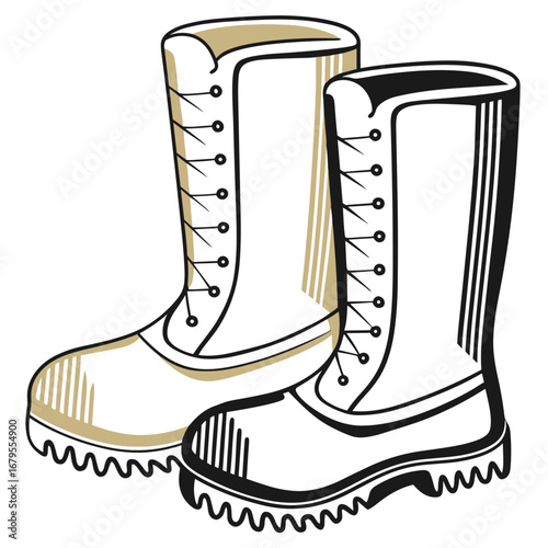 Winter boots in black and white illustration with detailed design  
