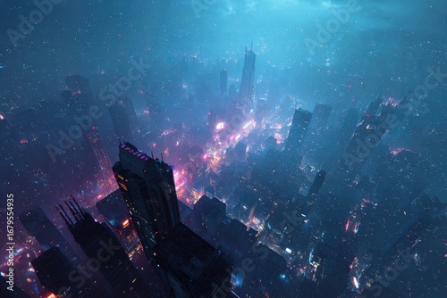 Fototapeta Naklejka Na Ścianę i Meble -  Aerial view of a futuristic city at night, bathed in a vibrant, otherworldly glow.  